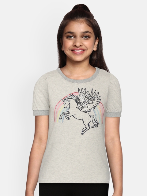 

GAP Girls Grey Melange Puff-Sleeve Graphic Pure Cotton T-Shirt
