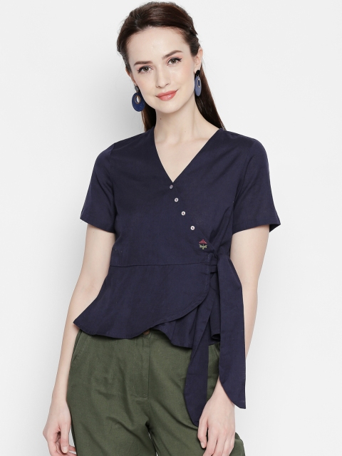 

AKKRITI BY PANTALOONS Women Navy Blue Solid Wrap Top