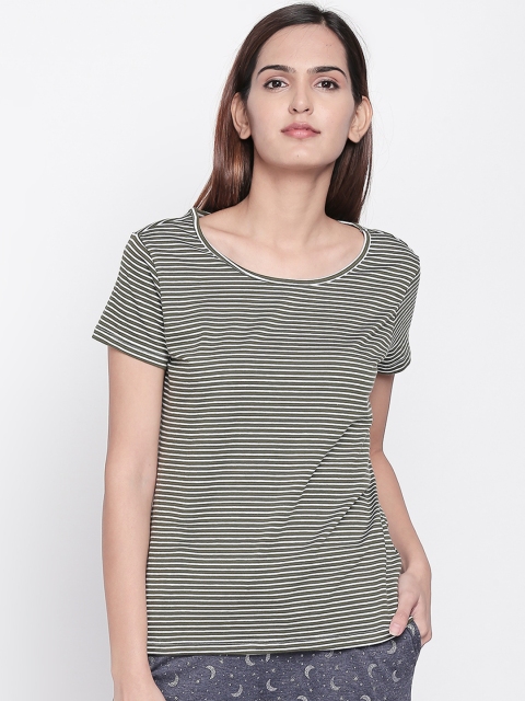 

Dreamz by Pantaloons Women Green & White Striped Round Neck Lounge T-shirt