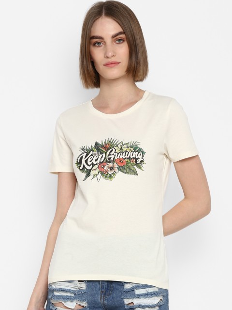

Mode by Red Tape Women Off-White & Green Printed Round Neck T-shirt