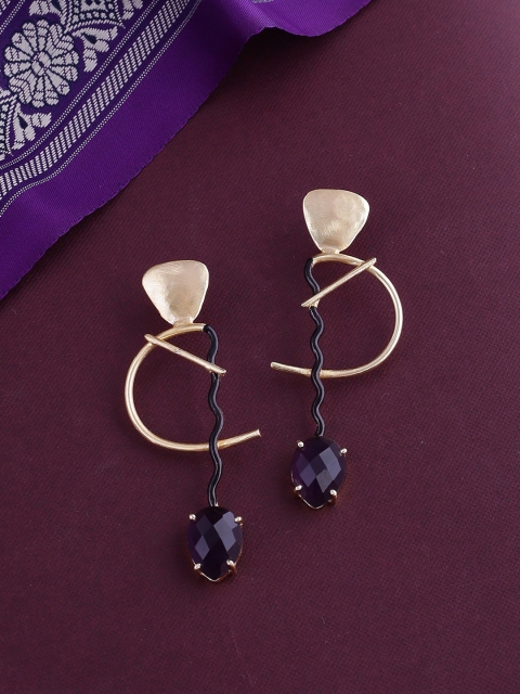 

Shoshaa Gold-Plated & Black Contemporary Amethyst Studded Drop Earrings