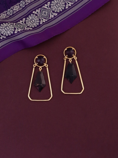 

Shoshaa Black & Purple Gold-Plated Amethyst Studded Geometric Drop Earrings