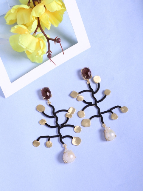 

Shoshaa Black & Gold-Plated Amethyst Studded Contemporary Drop Earrings