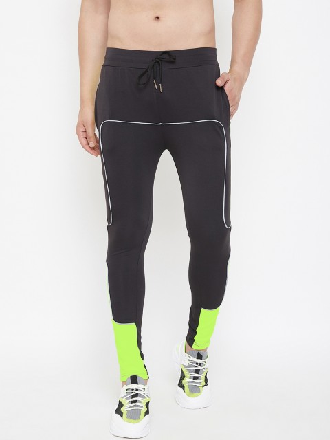

FUGAZEE Men Black & Neon Green Colourblocked Reflective Piping Slim Fit Pants