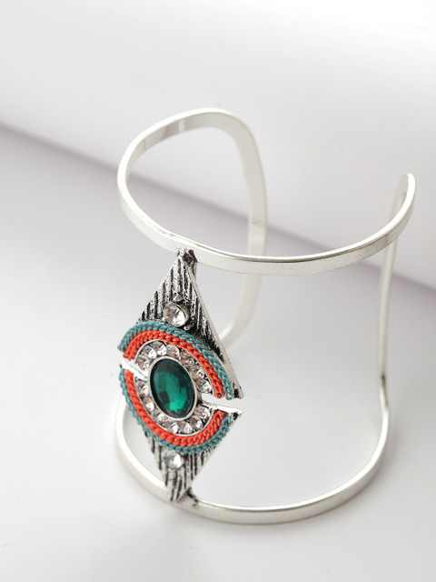 

AVANT-GARDE PARIS Rhodium-Plated Silver-Toned & Green Stone-Studded Bohemian Classy Open Bangle