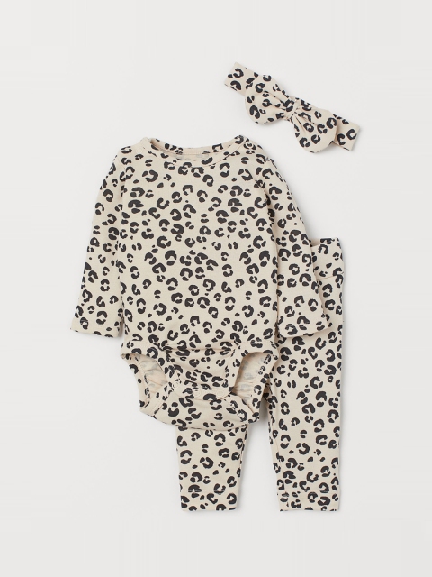 

H&M Infant Kids Beige & Black Leopard Print 3-Piece Cotton Jersey Set