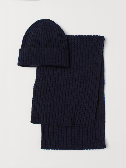 

H&M Men Navy Blue Cashmere-Blend Hat And Scarf