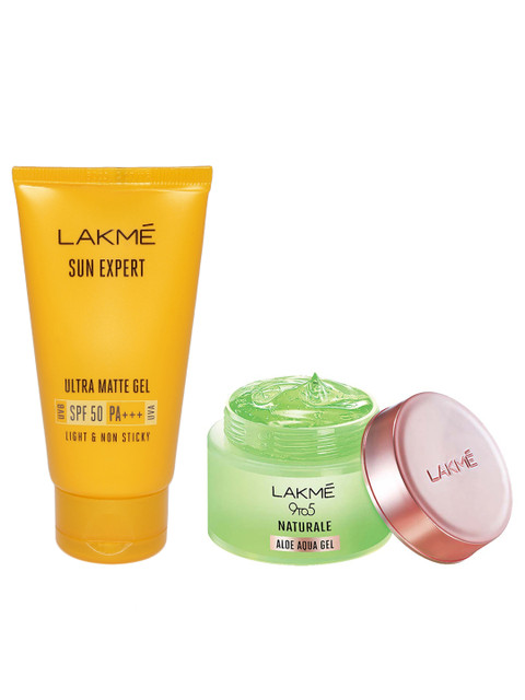 

Lakme Set of Sun Expert Ultra Matte SPF 50 Gel Sunscreen & 9 to 5 Naturale Aloe Aqua Gel, Yellow