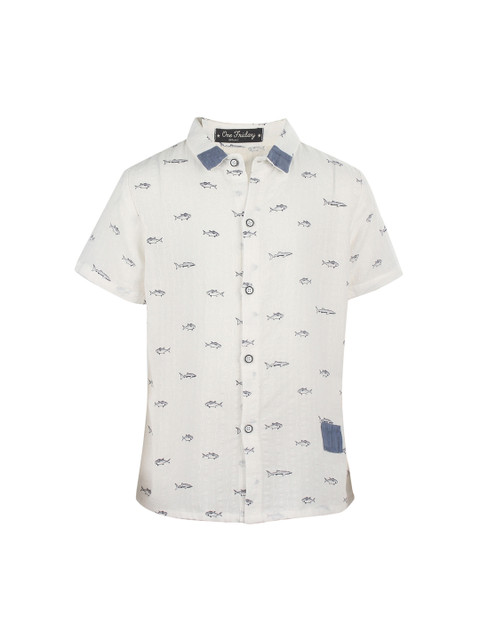 

One Friday Boys Off-White & Blue Slim Fit Printed Casual Shirt