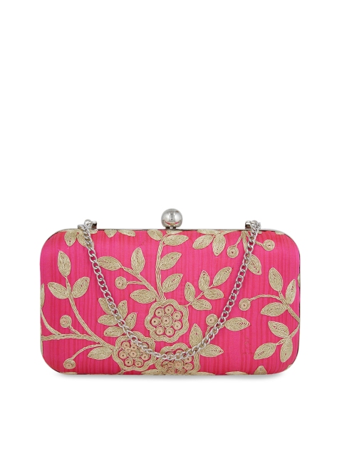 

Tarusa Women Pink & Muted Gold-Toned Embroidered Box Clutch