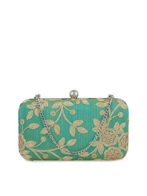 

Tarusa Green & Gold-Toned Women Floral Embroidered Box Clutch
