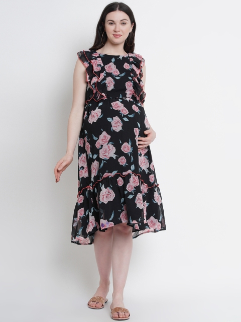

Mine4Nine Women Black & Pink Printed Fit and Flare Maternity Dress