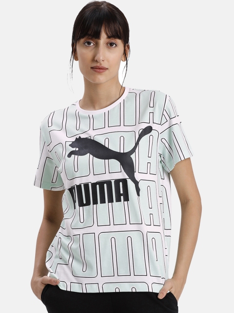 

Puma Women White & Sea Green Printed Round Neck T-shirt