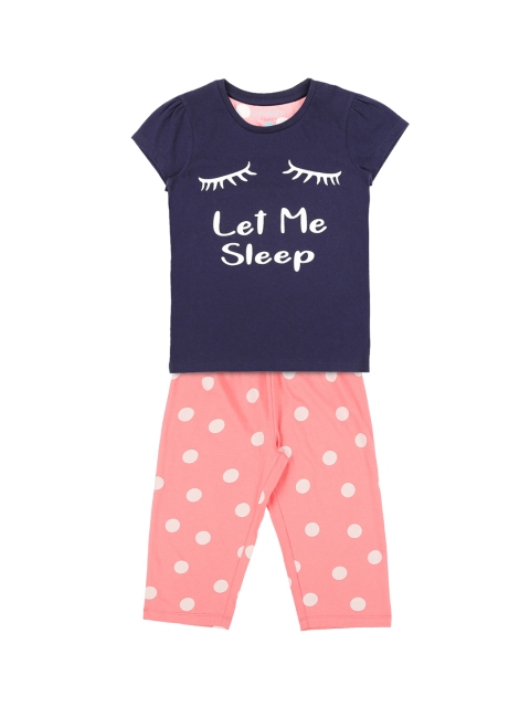 

Pantaloons Junior Girls Navy Blue & Pink Printed Night Suit