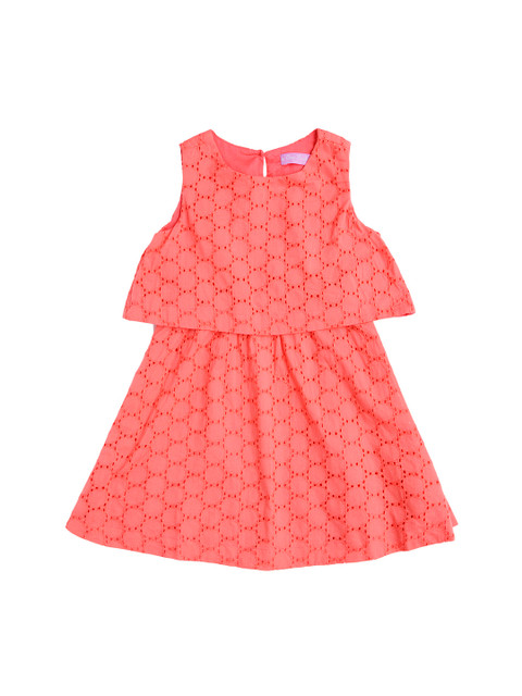

One Friday Girls Coral Pink Schifflic Fit and Flare Dress