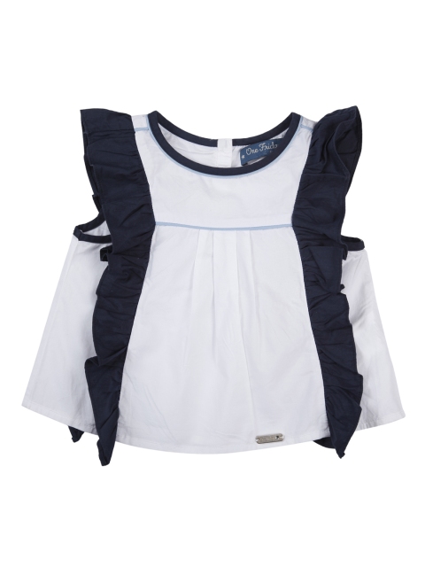 

One Friday Girls Off-White Colourblocked Ruffled A-Line Pure Cotton Top