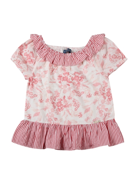 

One Friday Girls Off-White & Pink Floral Printed Pure Cotton Top