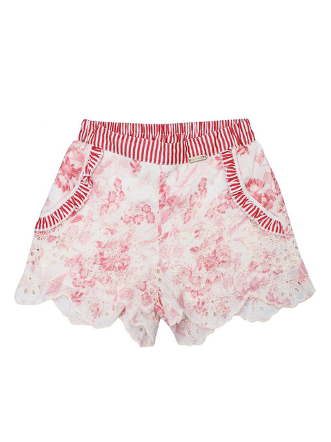 

One Friday Girls White & Pink Floral Printed Embroidered Slim Fit Hot Pants