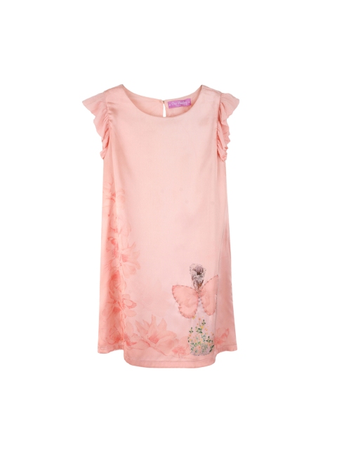

One Friday Girls Peach Floral Print A-Line Dress With Embellishments