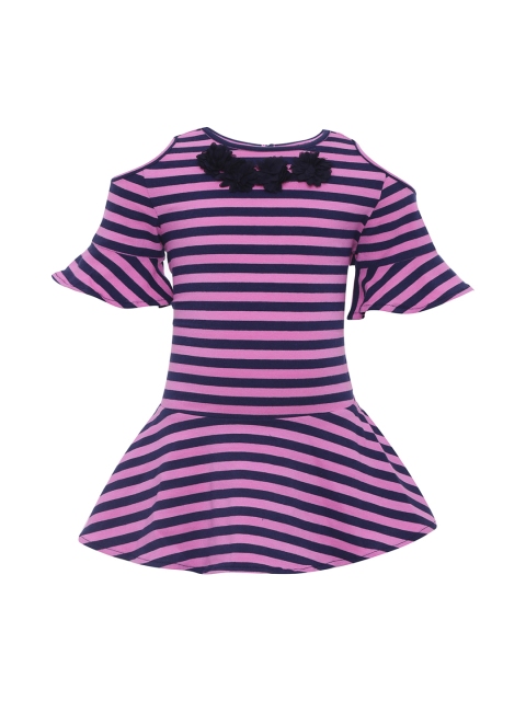 

One Friday Girls Pink & Navy Blue Striped Fit and Flare Dress