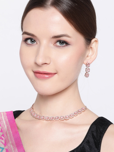 

JEWELS GEHNA Pink Rose Gold-Plated AD-Studded Handcrafted Jewellery Set