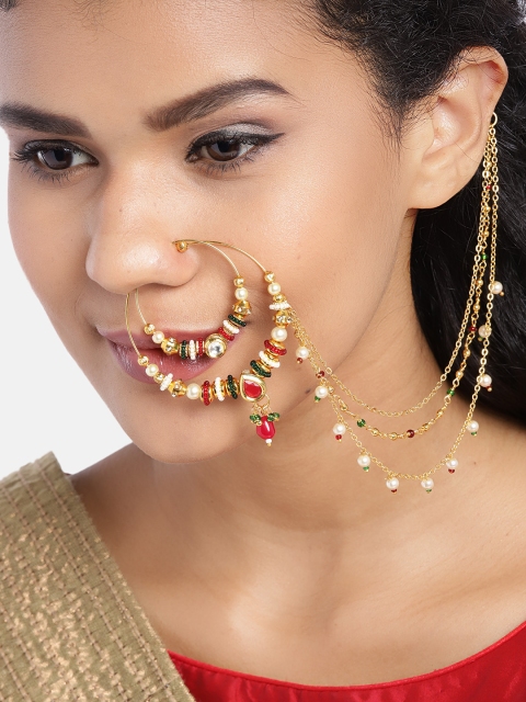 

JEWELS GEHNA Red & Green Gold-Plated CZ-Studded & Beaded Chained Nose Ring
