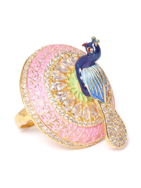

JEWELS GEHNA Navy & Pink Gold-Plated Meenakari Rotating Peacock CZ Adjustable Finger Ring