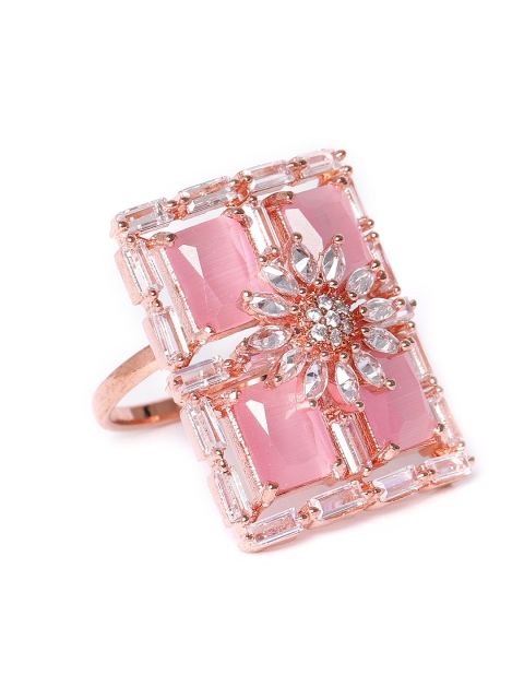 

JEWELS GEHNA Pink Rose Gold-Plated CZ Stone-Studded Handcrafted Adjustable Finger Ring