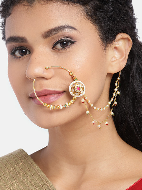 

JEWELS GEHNA Red & Green Gold-Plated CZ-Studded & Beaded Chained Nose Ring