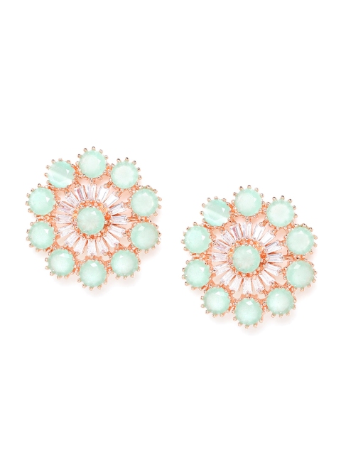

JEWELS GEHNA Green Rose Gold-Plated AD Studded Handcrafted Floral Studs