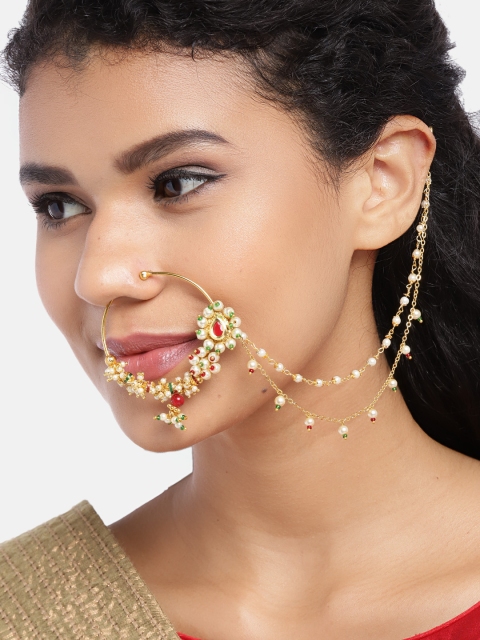 

JEWELS GEHNA Red & Off-White Gold-Plated CZ-Studded & Beaded Chained Nose Ring