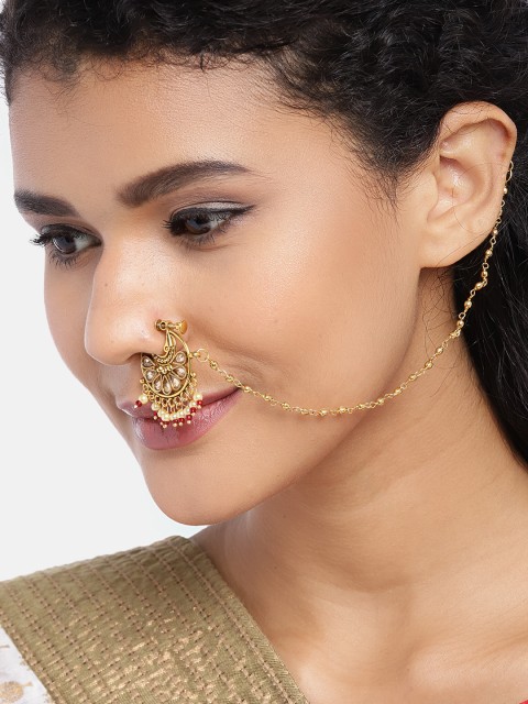 

Jewels Gehna Pink Antique Gold-Plated CZ-Studded & Beaded Chained Nose Ring