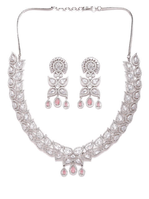 

JEWELS GEHNA Pink Rhodium-Plated AD-Studded Handcrafted Jewellery Set, Silver