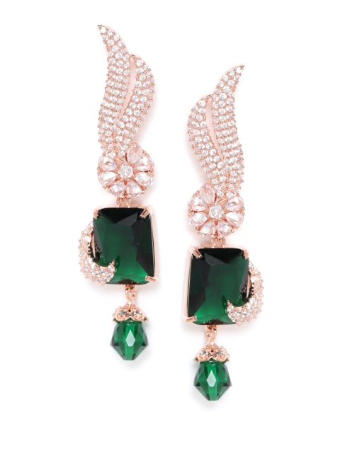 

JEWELS GEHNA Green Rose Gold-Plated AD-Studded Handcrafted Contemporary Drop Earrings