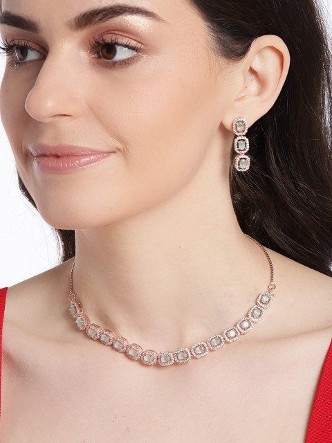 

JEWELS GEHNA Sea green Rose Gold-Plated AD-Studded Handcrafted Jewellery Set