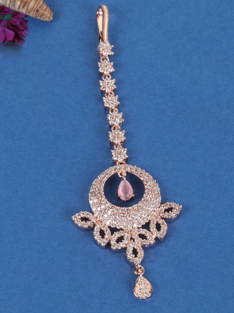 

JEWELS GEHNA Pink Rose Gold-Plated CZ Stone-Studded Handcrafted Maang Tika