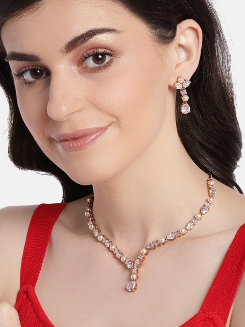 

JEWELS GEHNA Off-White Rose Gold-Plated AD-Studded Beaded Handcrafted Jewellery Set