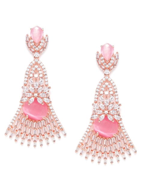 

JEWELS GEHNA Pink Rose Gold-Plated AD Studded Handcrafted Contemporary Drop Earrings