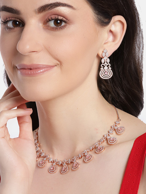 

JEWELS GEHNA Pink Rose Gold-Plated American Diamond-Studded Handcrafted Jewellery Set