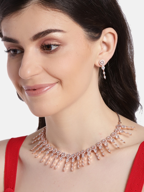 

JEWELS GEHNA Rose Gold Plated American Diamond-Studded Handcrafted Jewellery Set