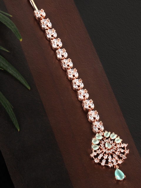 

JEWELS GEHNA Sea Green Rose Gold-Plated CZ Stone-Studded Handcrafted Maang Tika