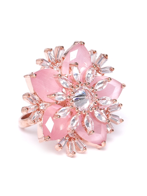 

JEWELS GEHNA Pink Rose Gold-Plated AD-Studded Handcrafted Adjustable Floral Finger Ring