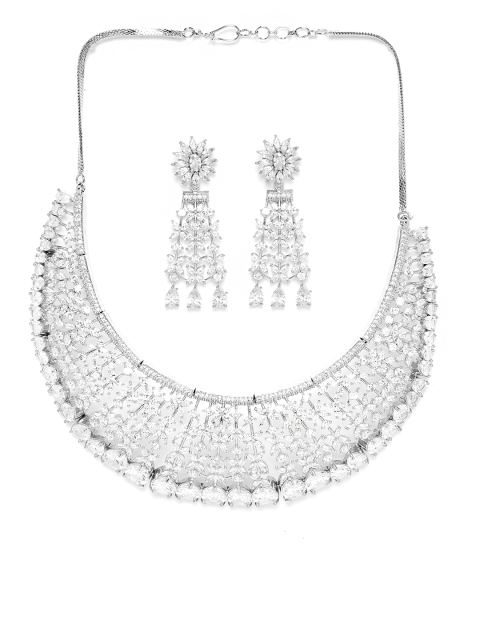 

JEWELS GEHNA Silver-Toned Rhodium-Plated AD-Studded Handcrafted Jewellery Set