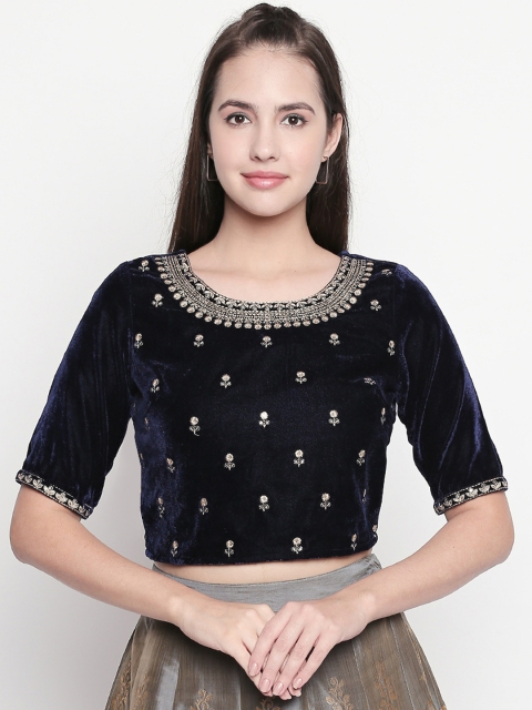 

AKKRITI BY PANTALOONS Women Navy Blue Floral Embroidered Pure Cotton Top