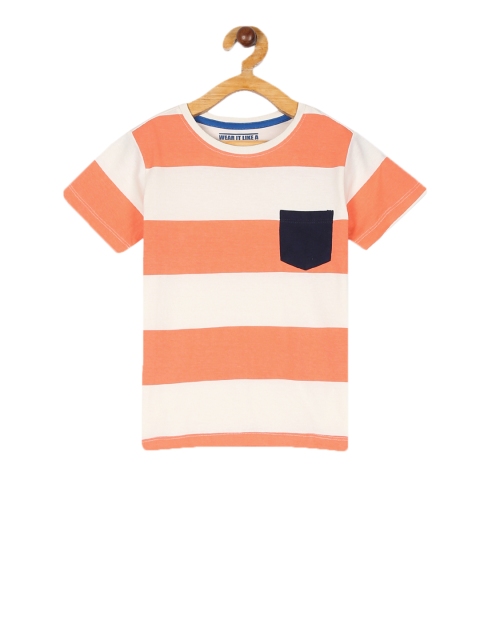 

Flying Machine Boys Off-White Orange Striped Round Neck Pure Cotton T-shirt