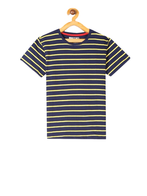

Flying Machine Boys Navy Blue Yellow Striped Round Neck Pure Cotton T-shirt