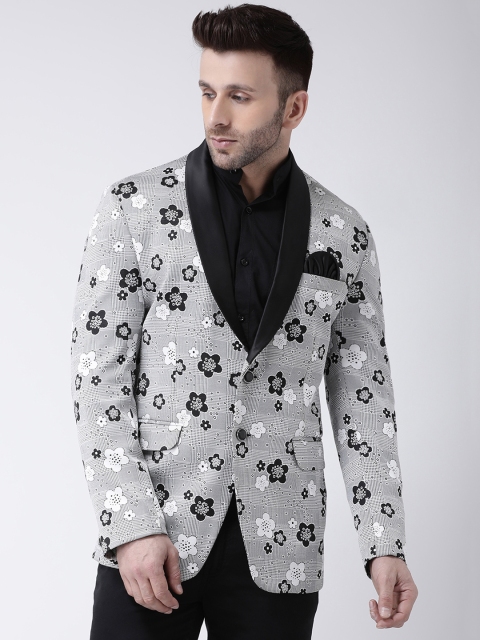 

Hangup Men Grey & Black Printed Tuxedo Party Blazer