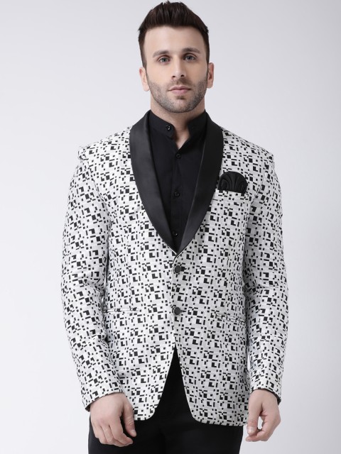 

Hangup Men White & Black Printed Tuxedo Party Blazer