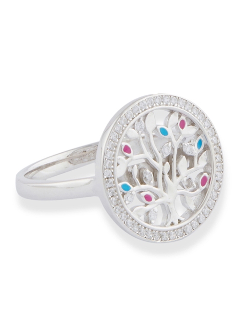 

bebe 925 Sterling Silver-Plated & White Stone-Studded Tree Of Life Finger Ring