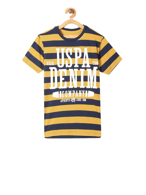 

U.S. Polo Assn. Kids Boys Yellow Navy Blue Striped Round Neck Pure Cotton T-shirt